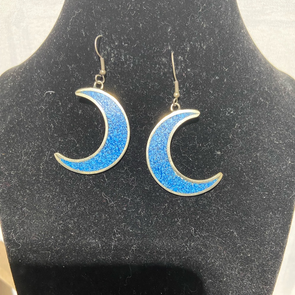 Vintage Alpaca Mexico Blue Crescent Moon Inlay Earrings
